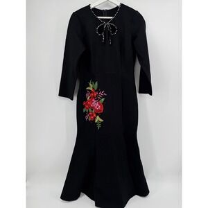 Black Embroidered Floral Mermaid Midi Dress Rhinestone Bow Long Sleeve Formal